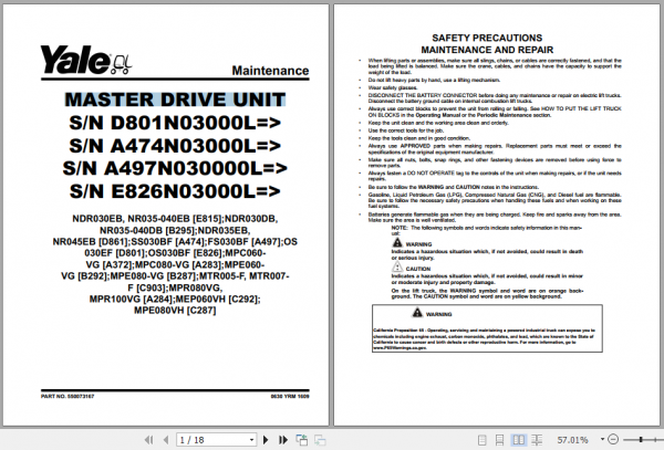 Yale Class 2 Electric Motor Narrow Aisle Trucks A284 MPR080VG MPR100VG Service Manual 3