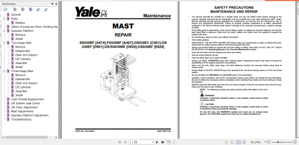 Yale Class 2 Electric Motor Narrow Aisle Trucks A497 FS030BF Service Manual 2