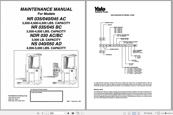 Yale Class 2 Electric Motor Narrow Aisle Trucks A815 NR035 040ACNDR030ACNR045AC Service Manual 1 1