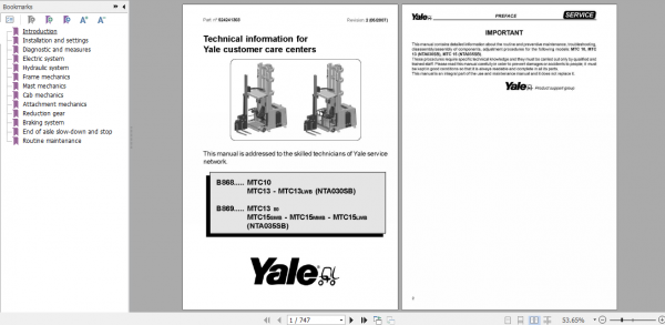 Yale Class 2 Electric Motor Narrow Aisle Trucks B869 MTC13 80 MTC15 SWB MTC15 MWB MTC15 LWB NTA035SB Service Manual 2