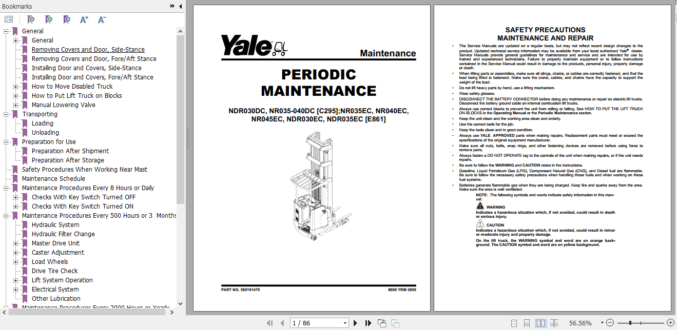 Yale Class 2 Electric Motor Narrow Aisle Trucks C295 NDR030DC NR035DC NR040DC Service Manual 2