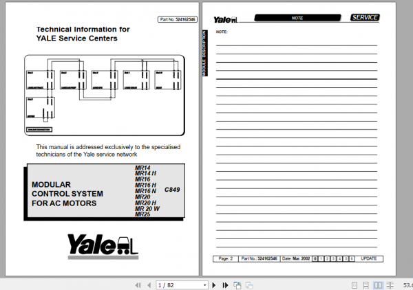 Yale Class 2 Electric Motor Narrow Aisle Trucks C849 MR1414H MR1616H16N MR2020H20W MR25 Service Manual 1