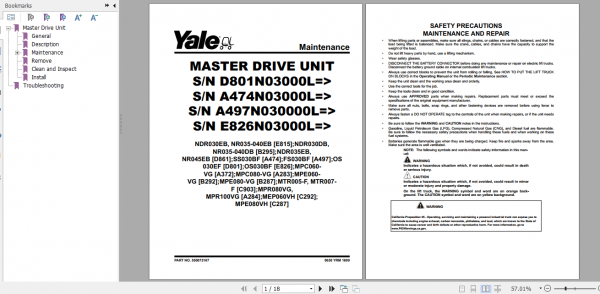 Yale Class 2 Electric Motor Narrow Aisle Trucks D801 OS030EF Service Manual 2