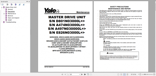 Yale Class 3 Electric Motor Hand Trucks A372 MPC060VG MPC080VG Service Manual 1
