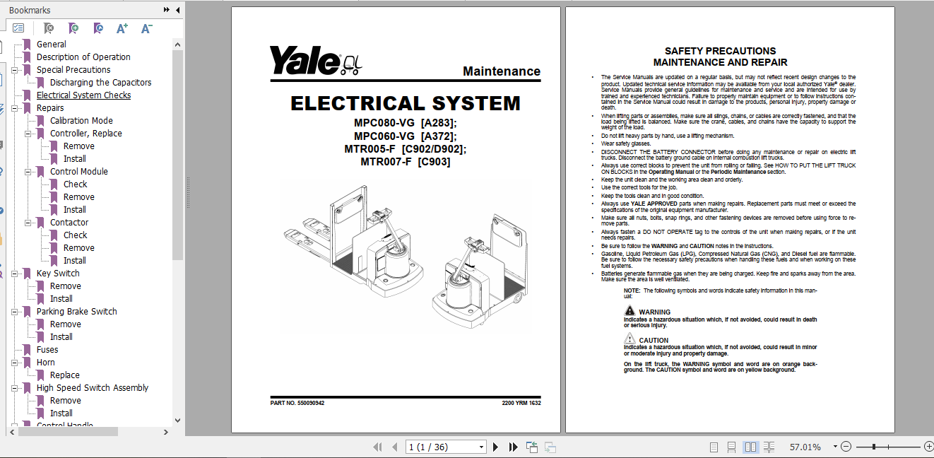 Yale Class 3 Electric Motor Hand Trucks A372 MPC060VG MPC080VG Service Manual 2