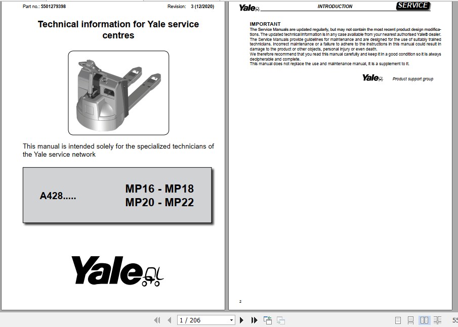 Yale Class 3 Electric Motor Hand Trucks A428 MP16 MP18 MP20 MP22 Service Manual 1