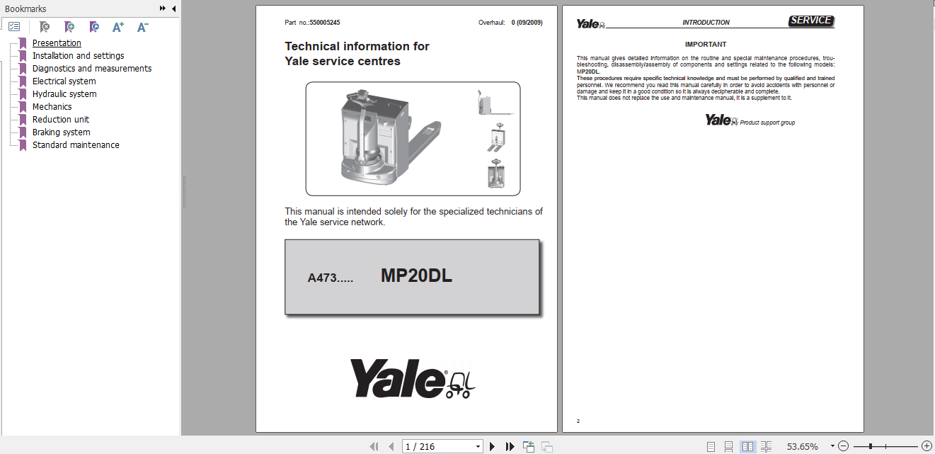 Yale Class 3 Electric Motor Hand Trucks A473 MP20DL Service Manual 1