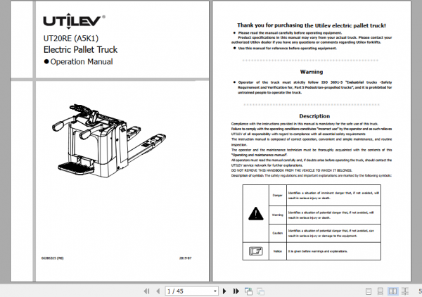 Yale Class 3 Electric Motor Hand Trucks A5K1 UT20RE Operating Manual 1