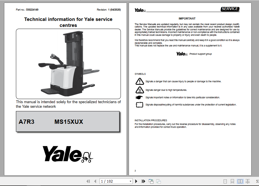 Yale Class 3 Electric Motor Hand Trucks A7R3 MS15XUX Operating Service Manual 1