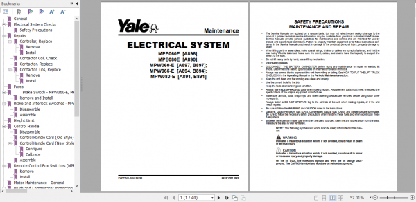 Yale Class 3 Electric Motor Hand Trucks A894 MPW065E Service Manual 1