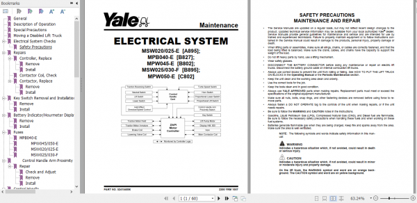 Yale Class 3 Electric Motor Hand Trucks A895 MSW020025E Service Manual 2