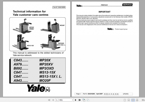 Yale Class 3 Electric Motor Hand Trucks A943 MO20F Service Manual 1
