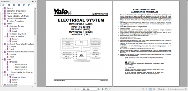 Yale Class 3 Electric Motor Hand Trucks B802 MPW045E Service Manual 1