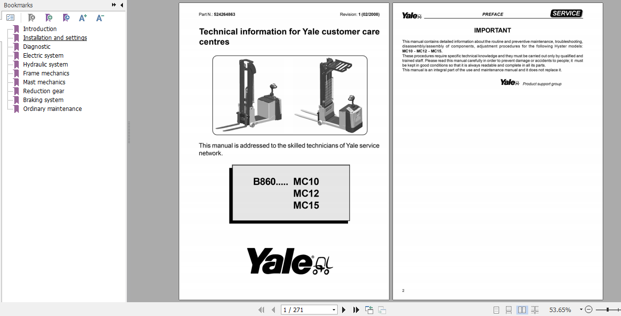 Yale Class 3 Electric Motor Hand Trucks B860 MC10 MC12 MC15 Service Manual 1