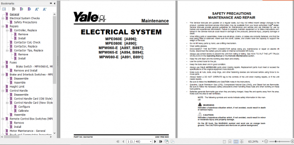 Yale Class 3 Electric Motor Hand Trucks B891 MPW080 Service Manual 2