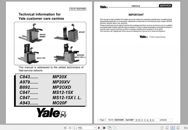 Yale Class 3 Electric Motor Hand Trucks B892 MP20XD Service Manual 1