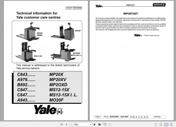 Yale Class 3 Electric Motor Hand Trucks C843 MP20X Service Manual 1