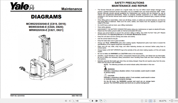 Yale Class 3 Electric Motor Hand Trucks D820 D821 MRW020E MRW030E D820 MSW040 E Service Manual 2