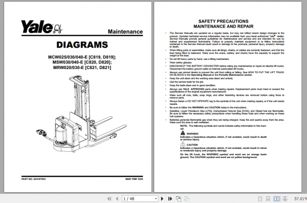 Yale Class 3 Electric Motor Hand Trucks D821 D821 MRW020E MRW030E D820 MSW040 E Service Manual 1