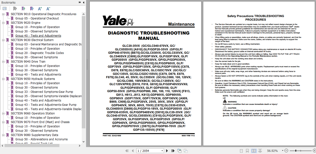 Yale Class 4 Internal Combustion Engine Trucks C910 GCGLC040VX GCGLC050VX GCGLC055SVX GCGLC60VX GCGLC070VX Service Manual 2
