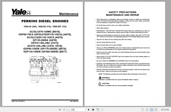 Yale Class 4 Internal Combustion Engine Trucks D818 GCGDCGLC070080LJLJ BCS GCGDCGLC100120MJMJ BCS Service Manual 1