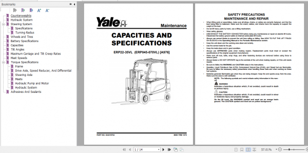 Yale Electric Motor Rider Trucks A976 ERP22VL 25VL 30VL 35VL Europe Maintenance Manual 1