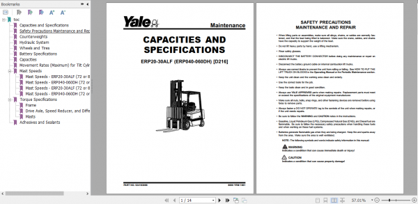Yale Electric Motor Rider Trucks D216 ERP20 30ALF Europe Service Manual 1