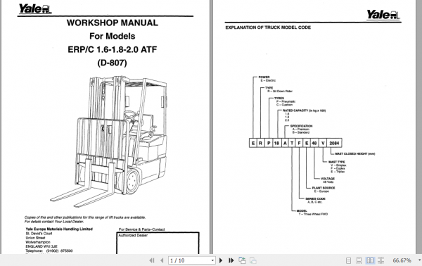 Yale Electric Motor Rider Trucks D807 ERP 161820 ATF Diabolo Up to D807A02353W Workshop Manual 0