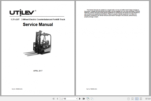 Yale Utilev Electric Forklift Trucks A370 UT13 20PTE Service Service Manual 76002031 1