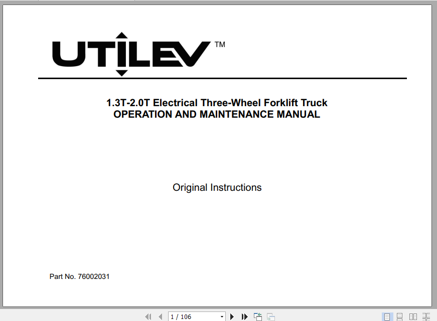 Yale Utilev Electric Forklift Trucks A370 UT13 20PTE Service Service Manual 76002031 2