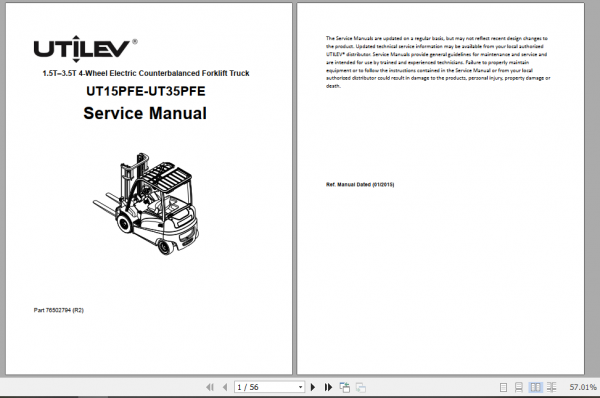 Yale Utilev Electric Forklift Trucks A374 UT15 25PFE Service Service Manual 76502796R5 1