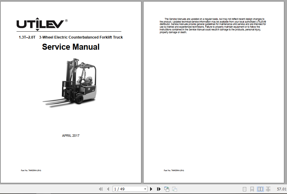 Yale Utilev Electric Forklift Trucks A377 UT13 20PTE Operation Maintenance Service Manual 76002031 2