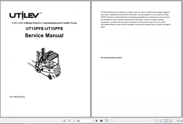 Yale Utilev Electric Forklift Trucks A379 UT15 25PFE Operation Maintenance Service Manual 76502794 R2 2