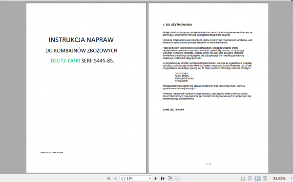 DEUTZ FAHR Cereal Combines 5445 85 Series Repair Instruction Polish 1