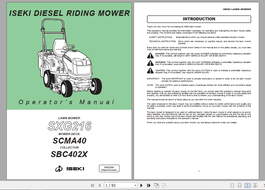 Iseki Diesel Riding Mower SXG216 Operator Manual 1