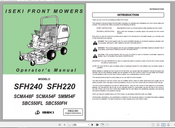 Iseki Front Mowers SFH240 SFH220 Operator Manual 1