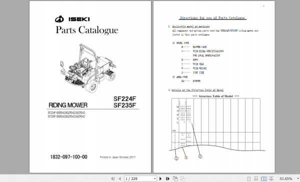 Iseki Lawn Mower SF200 SF230 Parts Manual 3 1