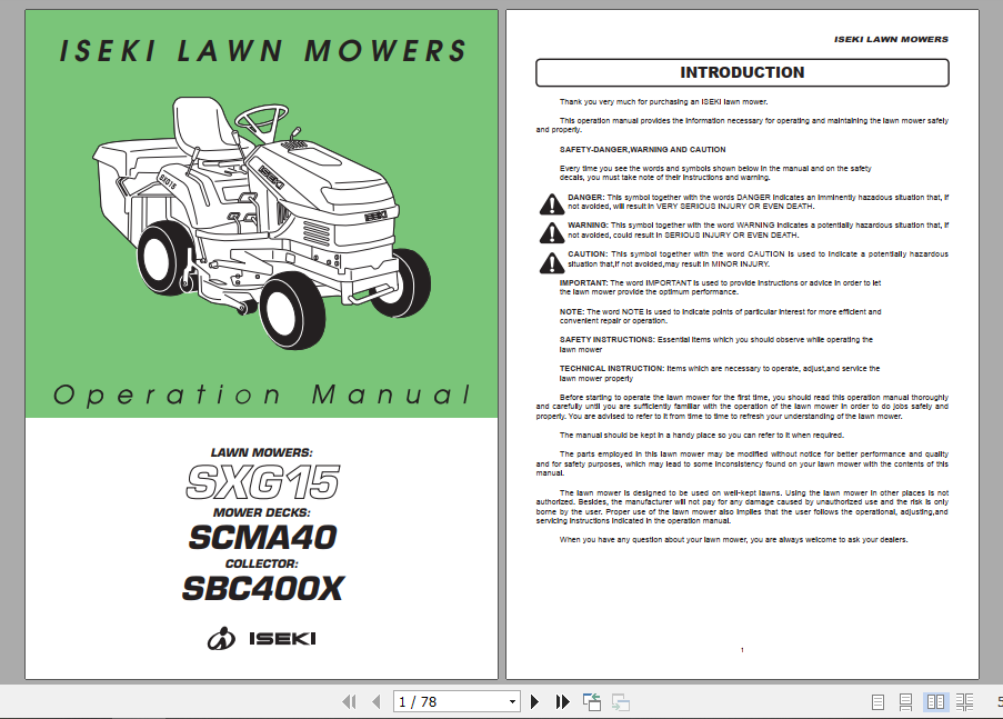 Iseki Lawn Mowers SXG15 Operator Manual 2