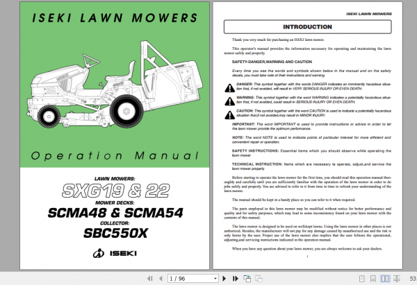 Iseki Lawn Mowers SXG19 SXG22 Operator Manual 1