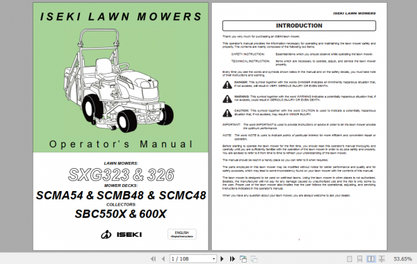 Iseki Lawn Mowers SXG323 SXG326 Operator Manual 1