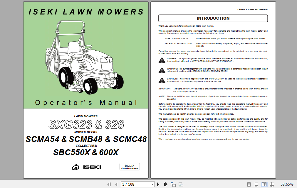 Iseki Lawn Mowers SXG323 SXG326 Operator Manual 1