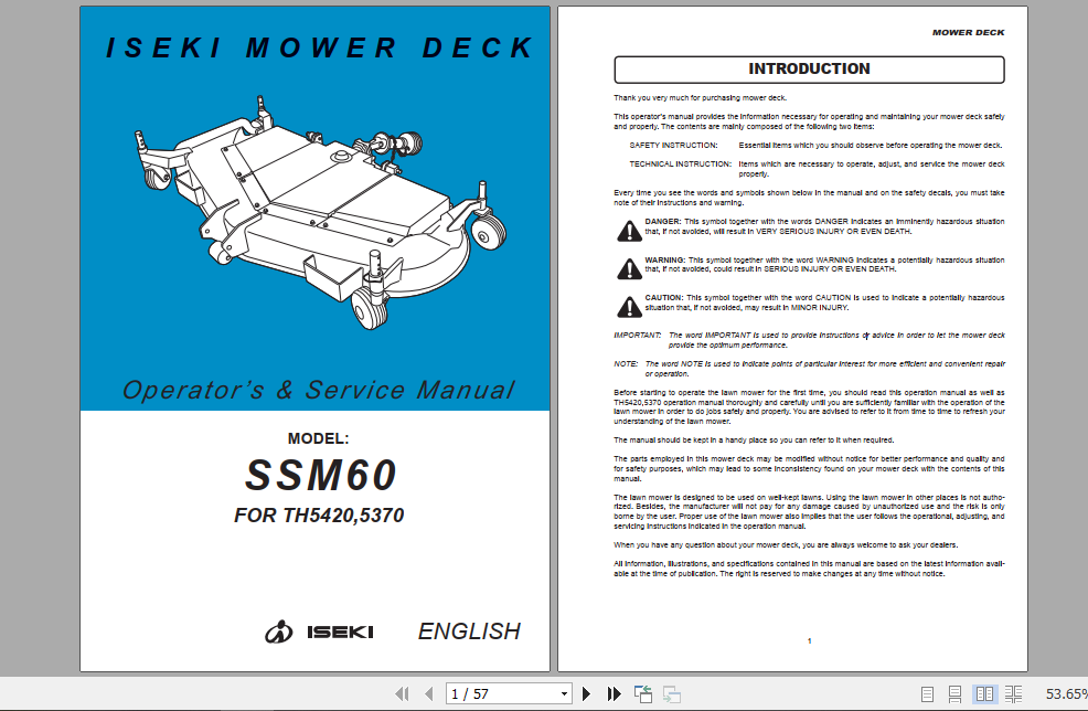 Iseki Mower Deck SSM60 For TH5420 TH5370 Operator Service Manual1