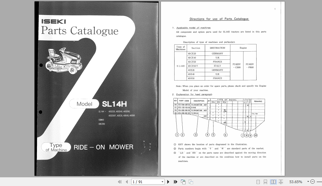 Iseki Ride On Mower SF438FH SF450FH Parts Manual 2502 098 100 00 1