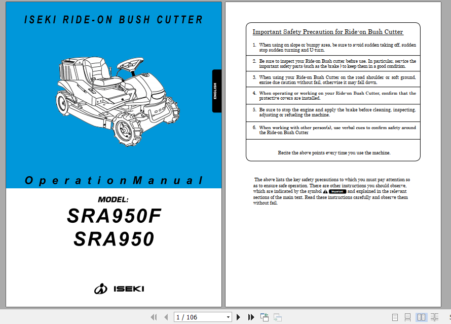 Iseki Ride on Bush Cutter SRA950 SRA950F Operator Manual 1
