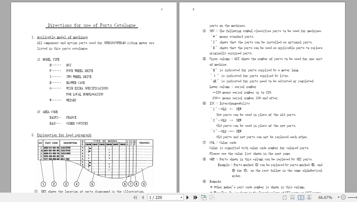 Iseki Riding Mower SF220 SF240 Parts Manual 1771 097 200 00 1