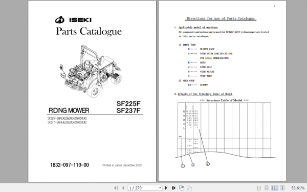 Iseki Riding Mower SF235 SF237 Parts Manual 1