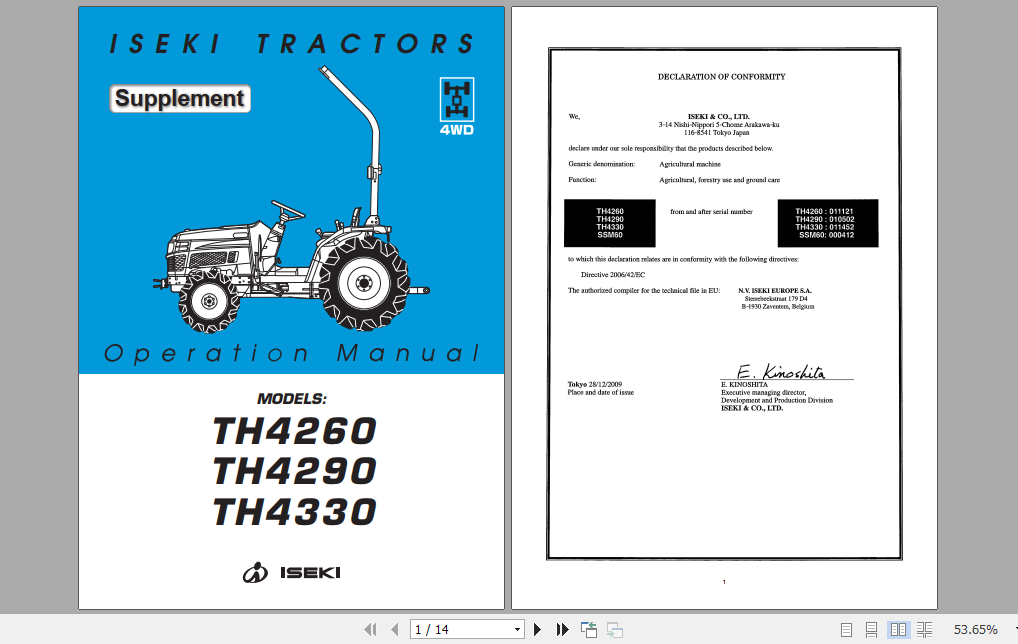 Iseki Tractor TH4260 4290 4430 Operator Manual 1