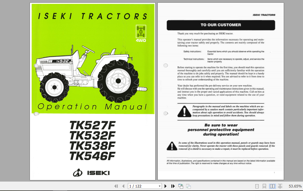 Iseki Tractor TK527F TK532F TK538F TK546F Operator Manual 1