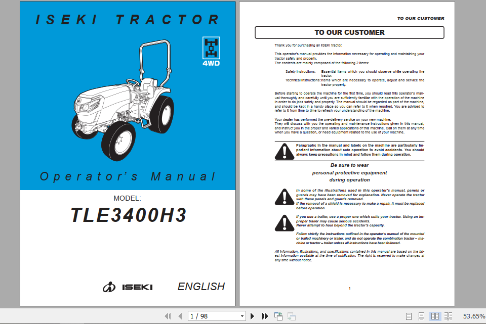 Iseki Tractor TLE3400H3 Operator Manual 1