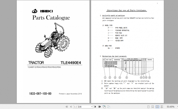 Iseki Tractor TLE4490 Parts Manual 18330971000A 1